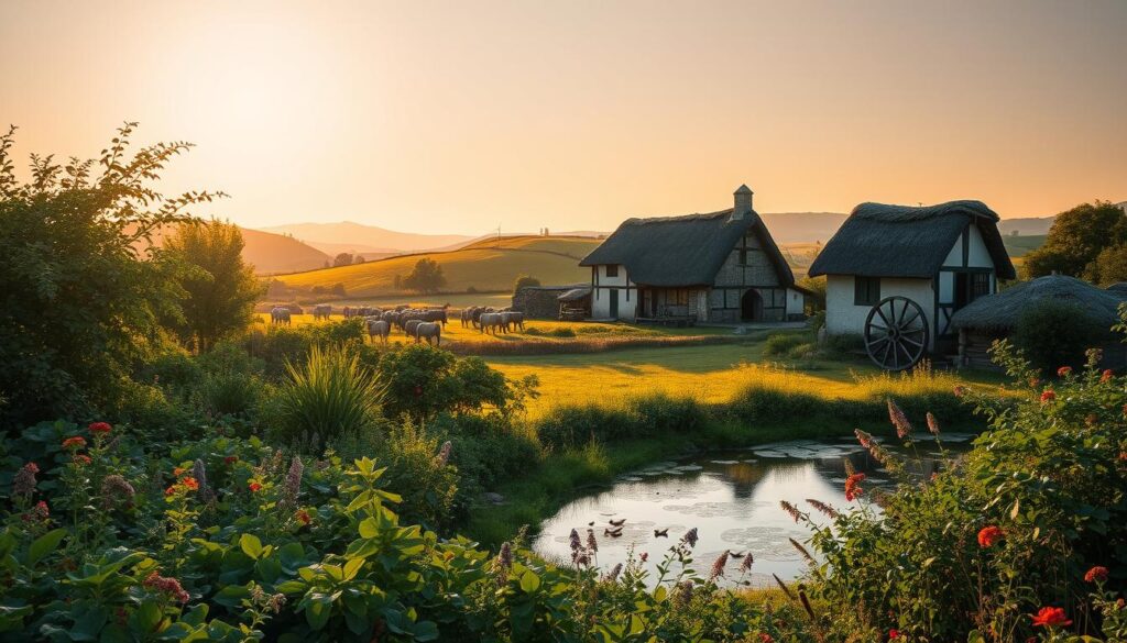 A tranquil medieval landscape, bathed in warm, golden light. In the foreground, a lush garden overflows with diverse crops and herbs, tended by diligent farmers. Nearby, a small pond reflects the surrounding foliage, its surface occasionally disturbed by the gentle movement of fish. In the middle ground, a traditional farmhouse stands, its thatched roof and whitewashed walls blending seamlessly with the rolling hills in the distance. Clusters of livestock graze peacefully, while a water wheel slowly turns, powering a simple mill. The overall scene conveys a sense of harmony, where sustainable practices are woven into the fabric of daily life.