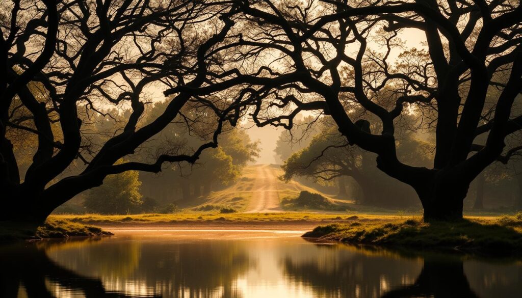 A tranquil, meditative landscape bathed in warm, diffused lighting. In the foreground, a serene pond reflects the silhouettes of ancient, gnarled trees. Their branches sway gently, creating a mesmerizing pattern of light and shadow. In the middle ground, a path winds through a lush, verdant forest, inviting the viewer to embark on a contemplative journey. The background is hazy, with soft, muted hues suggestive of a distant, ethereal realm. An atmosphere of profound stillness and introspection pervades the scene, capturing the transformative power of silence.