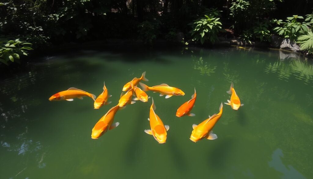 A tranquil pond with lush greenery surrounding it, sunlight gently filtering through the leaves. In the foreground, a group of vibrant, golden-scaled koi fish gracefully swimming, their fins gently undulating. The fish are given ample space to move freely, showcasing their natural beauty without the confines of a small aquarium. The overall scene conveys a sense of harmony and a respect for the fish's inherent needs, in contrast to the cramped conditions of a typical goldfish bowl. Captured with a wide-angle lens to emphasize the expansive, natural environment, the image evokes a serene and thoughtful mood.