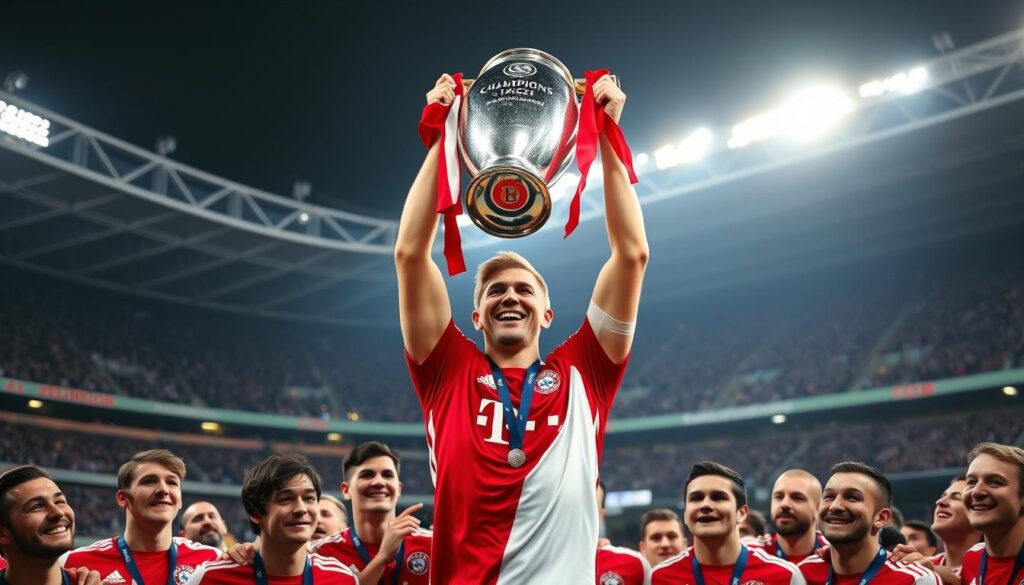 A triumphant Bastian Schweinsteiger, clad in the iconic red and white of Bayern Munich, hoists the gleaming UEFA Champions League trophy high above his head. The floodlights cast a warm, celebratory glow across the pitch, as his teammates crowd around him, faces alight with joy and pride. In the background, the iconic Allianz Arena stands tall, its grand architecture a testament to the club's rich history and success. Crisp, high-resolution details capture the exhilaration of the moment, conveying the hard-earned victory and Schweinsteiger's role as the driving force behind Bayern's European dominance.