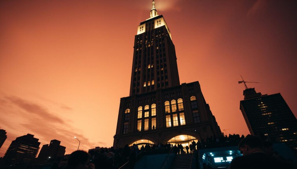 A twilight scene of the iconic Empire State Building, its art deco silhouette illuminated against a golden-hued sky. The majestic structure stands tall, surrounded by the bustling energy of midtown Manhattan. Crowds of visitors ascend the grand entrance, eager to witness the breathtaking panoramic views from the observation decks. Soft, warm lighting bathes the scene, creating a serene and inviting atmosphere, perfect for an evening visit. The building's exterior is meticulously detailed, with ornate architectural flourishes and gleaming windows reflecting the city's vibrant nightlife. A sense of wonder and discovery permeates the air, making this the ideal time to experience the grandeur of the Empire State Building.