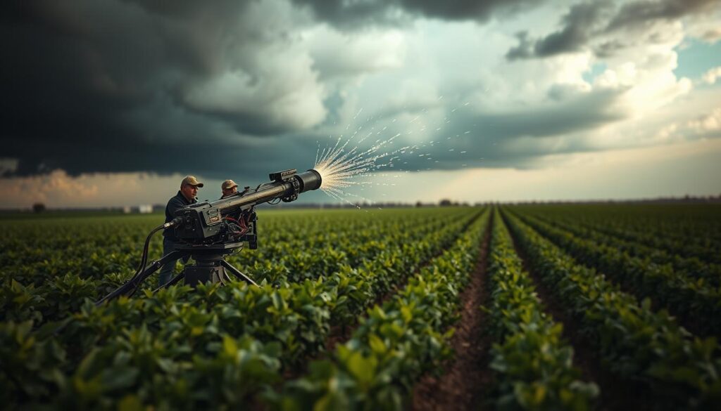 A vast agricultural landscape under a dramatic, ominous sky. In the foreground, a team of farmers operates a state-of-the-art hail cannon, its powerful muzzle pointed skyward. Streams of energy burst forth, disrupting the formation of threatening storm clouds above. The cannon's intricate mechanisms and precise targeting suggest a delicate, high-tech dance between man and nature. In the middle ground, rows of vibrant crops sway gently, protected from the impending hail by the farmers' vigilance. The background is blurred, emphasizing the intense focus and urgency of the scene. Intense, directional lighting casts dramatic shadows, heightening the sense of tension and dynamism. This is "Hagelabwehr in der Landwirtschaft" - the practical reality of "Wolken wegschießen", a technological triumph over unpredictable weather.