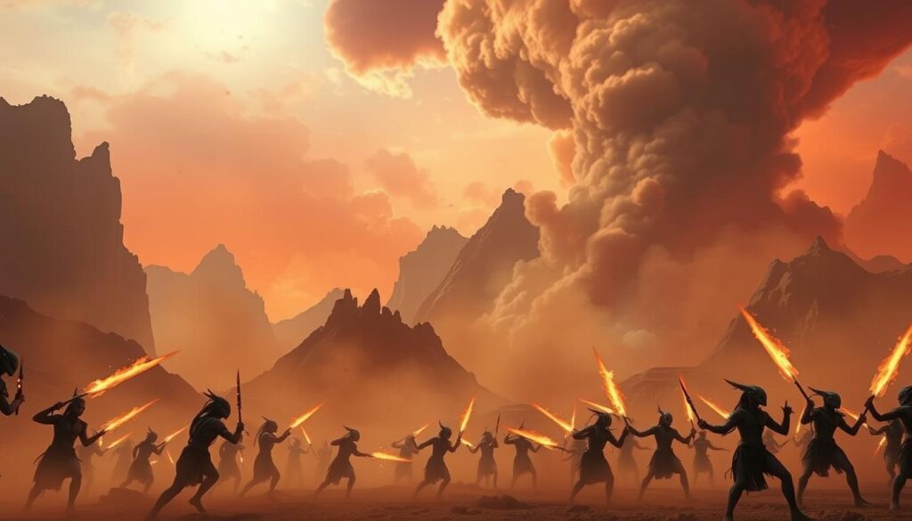 A vast, alien landscape on the planet Pandora, shrouded in a hazy, scorching atmosphere. In the foreground, a group of Na'vi warriors, their skin aglow with intense heat, wielding fiery weapons as they battle against a backdrop of towering, ash-covered mountains. The sky above is painted in shades of crimson and orange, as plumes of smoke billow upwards, casting an ominous glow over the scene. The lighting is dramatic, with sharp contrasts and deep shadows, conveying a sense of tension and urgency. The camera angle is low, placing the viewer amidst the action, capturing the fierce determination and raw power of the Na'vi as they fight to defend their home against the ravages of a fiery, post-apocalyptic world.
