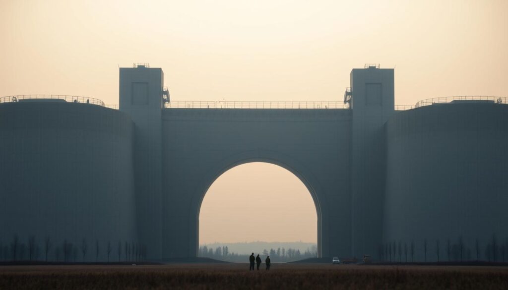 A vast and imposing concrete structure, the New Safe Confinement at the Chernobyl Nuclear Power Plant, stands as a testament to the Soviet efforts to contain the aftermath of the catastrophic 1986 disaster. Bathed in a soft, warm light, the sleek, curved silhouette of the containment arch dominates the frame, its smooth surfaces reflecting the surrounding landscape. In the foreground, a small group of workers can be seen, their figures dwarfed by the sheer scale of the engineering marvel. The background fades into a hazy, overcast sky, conveying a sense of seriousness and solemnity befitting the gravity of the site's history. The image captures the monumental scale and engineering prowess required to secure the damaged reactor, a symbol of the Soviet's determination to mitigate the consequences of their nuclear accident.