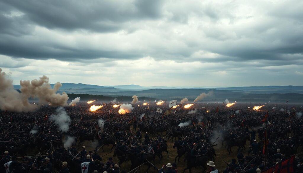 A vast battlefield under a moody, overcast sky. In the foreground, a chaotic melee of infantry and cavalry clash, muskets and sabers flashing. Billowing smoke and dust obscure the chaos. In the middle ground, artillery pieces unleash thunderous salvos, their muzzle flashes illuminating the carnage. Amidst the mayhem, banners and standards of warring armies flutter in the wind. The background is a panorama of rolling hills and woods, the setting for this epic clash of imperial armies - the decisive Battle of Leipzig, the beginning of Napoleon's downfall.
