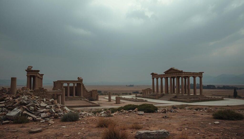 A vast, desolate landscape under a somber, overcast sky. In the foreground, the crumbling ruins of once-grand structures, their ornate architecture now reduced to rubble and decay. Broken columns and toppled walls hint at the grandeur of a bygone era. In the middle ground, a sense of abandonment and neglect, with sparse vegetation and a dull, muted color palette. The background fades into a hazy, indistinct horizon, conveying a melancholic atmosphere of the inevitable decline of a once-mighty empire. Dramatic lighting casts long shadows, emphasizing the sense of a fallen power. An air of melancholy and finality pervades the scene, evoking the end of an era.