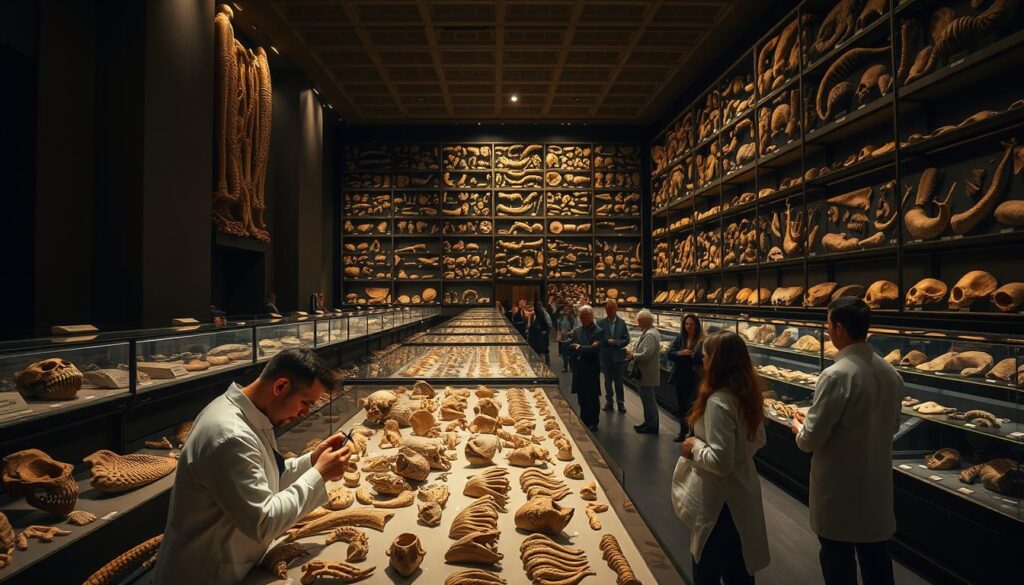 A vast, dimly lit museum gallery filled with rows of display cases showcasing an assortment of ancient fossils. In the foreground, a group of researchers in lab coats closely examine a collection of intricate bone fragments and teeth under the warm glow of focused lighting. In the middle ground, visitors stand in quiet contemplation, observing the fossils with awe and wonder. The background features towering museum shelves lined with countless more specimens, hinting at the vast wealth of paleontological knowledge waiting to be discovered. A sense of scientific curiosity and reverence for the past permeates the scene, capturing the essence of the "Fossilienfunde und ihre Bedeutung für die Forschung" section.