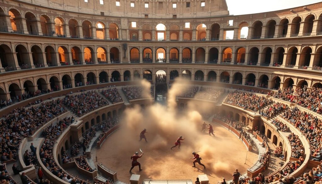 A vast, expansive Roman amphitheater stands as the centerpiece, its grand archways and columns casting dramatic shadows. In the arena below, fierce gladiators clash in a brutal display of skill and strength, their weapons clashing amidst a cloud of dust. Spectators fill the tiered seating, their expressions a mix of excitement and bloodlust. The scene is bathed in warm, golden light, creating a sense of ancient, timeless grandeur. The architecture and design of the Colosseum showcase the engineering prowess of the Roman Empire, a testament to their technological and cultural achievements.