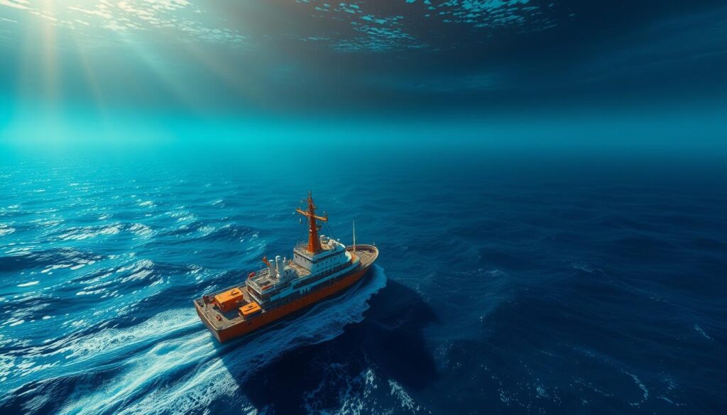 A vast, expansive seascape in shades of blue and green, with the majestic Mariana Trench visible in the distance, its depths plunging into an inky abyss. Sunlight filters through the waves, casting a warm, ethereal glow over the scene. In the foreground, a research vessel equipped with state-of-the-art technology hovers above the trench, its crew carefully mapping the underwater terrain and studying the diverse marine life that inhabits this remote, mysterious realm. The image conveys a sense of exploration, discovery, and the relentless human drive to uncover the secrets of the deepest, most challenging parts of our planet.
