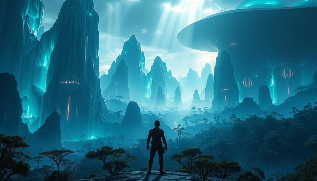A vast, futuristic landscape of towering, bioluminescent forests and floating mountains, bathed in an ethereal, neon-tinged glow. In the foreground, a lone figure stands, clad in advanced exosuit technology, gazing up at the breathtaking vista with a sense of awe and determination. The lighting is dramatic, with shafts of light piercing through the alien canopy, casting dramatic shadows and highlights across the scene. The mood is one of wonder, innovation, and the boundless potential of the imagination. This is the "James Cameron Vision" – a breathtaking glimpse into the director's visionary take on the future of the "Avatar" franchise.