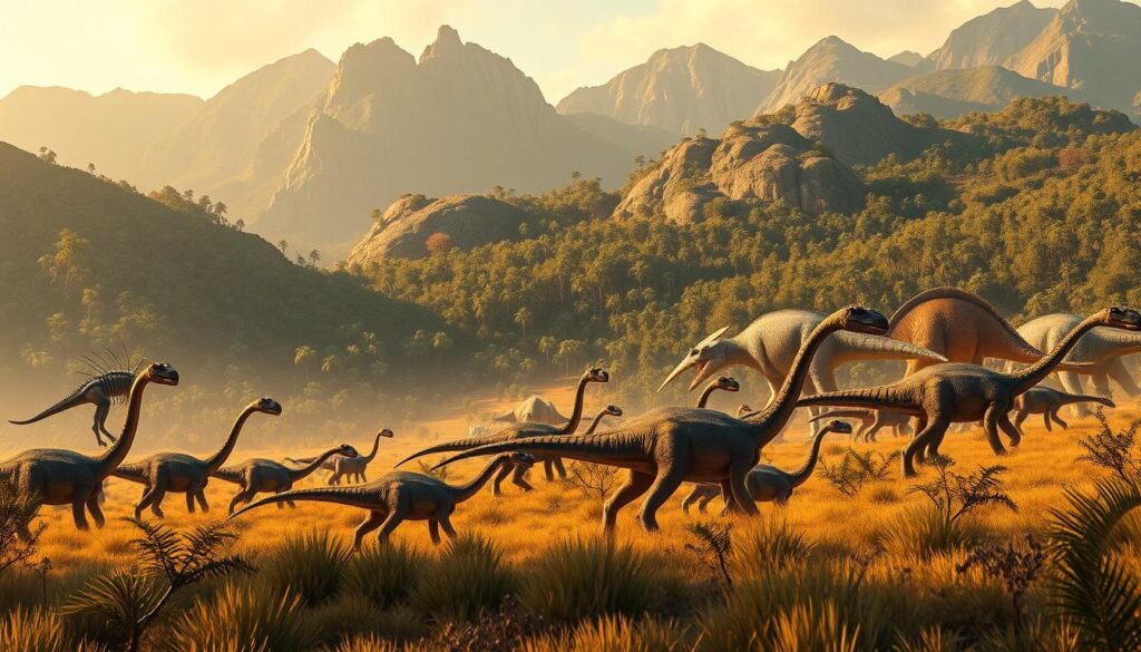 A vast prehistoric landscape during the Triassic period, showcasing a diverse array of early dinosaur species. In the foreground, a herd of Plateosaurus, their long necks and sturdy, four-legged frames dominating the scene. In the middle ground, a Coelophysis, a slender, agile predator, stalks its prey. In the background, towering mountains and lush, fern-covered forests set the stage for this evolutionary transition, as the first true dinosaurs emerged and began to diversify. The lighting is warm and golden, casting a serene, timeless atmosphere over the entire composition. Captured with a wide-angle lens to emphasize the grand scale of this primordial world.
