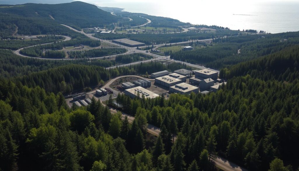 A vast, sprawling naval ammunition depot nestled among the rugged terrain of the German coastline. In the foreground, rows of weathered concrete bunkers and storage facilities stand in stark contrast to the lush, verdant foliage surrounding them. Sunlight filters through the trees, casting long shadows across the scene. In the middle ground, a network of winding roads and rail lines connect the various sections of the depot, hinting at the scale and complexity of the facility. In the distance, the glimmering waters of the North Sea stretch out, framed by the undulating hills and forests. The atmosphere is one of quiet, understated military might, tinged with a sense of age and history. The overall impression is of a well-fortified, self-contained world, isolated from the civilian realm and dedicated solely to the storage and maintenance of the German Navy's vital munitions.