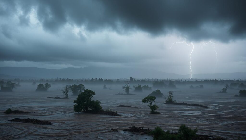 A vast, storm-ravaged landscape, heavy with the weight of torrential rains. In the foreground, swirling floodwaters engulf the land, carrying debris and uprooted trees. Thick, foreboding clouds loom overhead, casting an ominous shadow over the scene. Distant hills are barely visible through the hazy mist, as if shrouded in a veil of despair. The air is thick with the scent of damp earth and the rumble of thunder, creating a palpable sense of tension and unease. Streaks of lightning pierce the gloom, illuminating the devastation in stark, dramatic contrast. This is a world ravaged by the relentless forces of nature, a testament to the power of climate change and the consequences of extreme weather events.