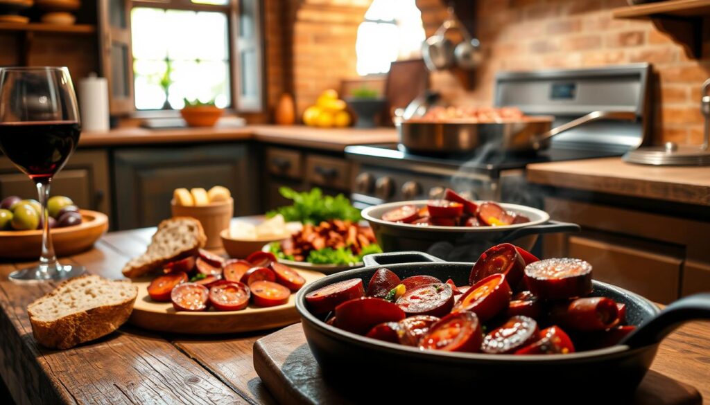 A vibrant Spanish kitchen scene featuring a delectable array of chorizo dishes. In the foreground, a rustic wooden table is adorned with a selection of tapas-style bites - slices of spicy chorizo sizzling in a cast-iron pan, accompanied by crusty bread, olives, and a lively red wine. In the middle ground, a large, bubbling pot of hearty chorizo-infused stew simmers on the stovetop, its rich aromas filling the air. The background showcases the warm, earthy tones of the Spanish kitchen, with terracotta tiles, exposed beams, and a window that offers a glimpse of a sun-drenched Mediterranean courtyard. The lighting is soft and inviting, casting a cozy glow over the scene. Capture the vibrant flavors and rustic charm of traditional Spanish cuisine.