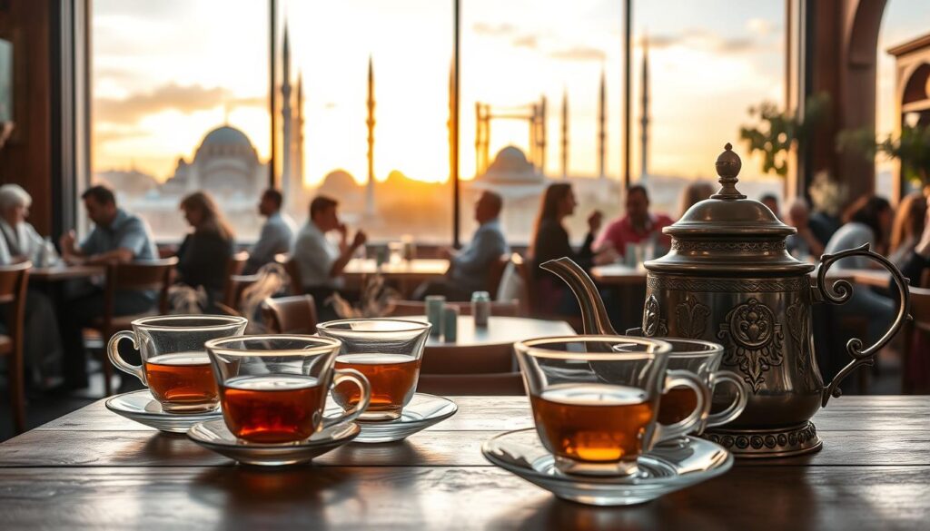 A vibrant and immersive scene of Turkish tea culture in the modern world. In the foreground, a traditional Turkish tea set with delicate glass cups and an ornate metal teapot rests on a wooden table, steam gently rising. Mid-ground, a bustling café with patrons sipping tea and engaged in lively conversation, the interior bathed in warm, golden light through large windows. In the background, the iconic silhouettes of mosques and minarets against a vibrant sunset sky, creating a harmonious blend of tradition and modernity. The overall atmosphere exudes a sense of comfort, community, and the cherished ritual of tea drinking that is deeply woven into the fabric of Turkish society.