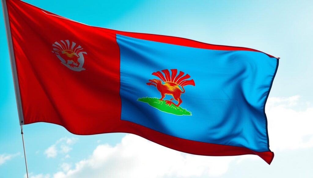 A vibrant and intricate national flag of Belize, featuring a serene azure sky, a lush green landscape, and a majestic crimson-red emblem centered within. The design is both elegant and symbolic, with a sun-like emblem radiating warmth and prosperity, surrounded by two parallel white stripes and a bold blue band. The scene is bathed in soft, directional lighting, casting subtle shadows and highlights that accentuate the flag's bold colors and intricate details. Captured at a medium focal length, the image showcases the flag's distinctive design in a visually striking and balanced composition.