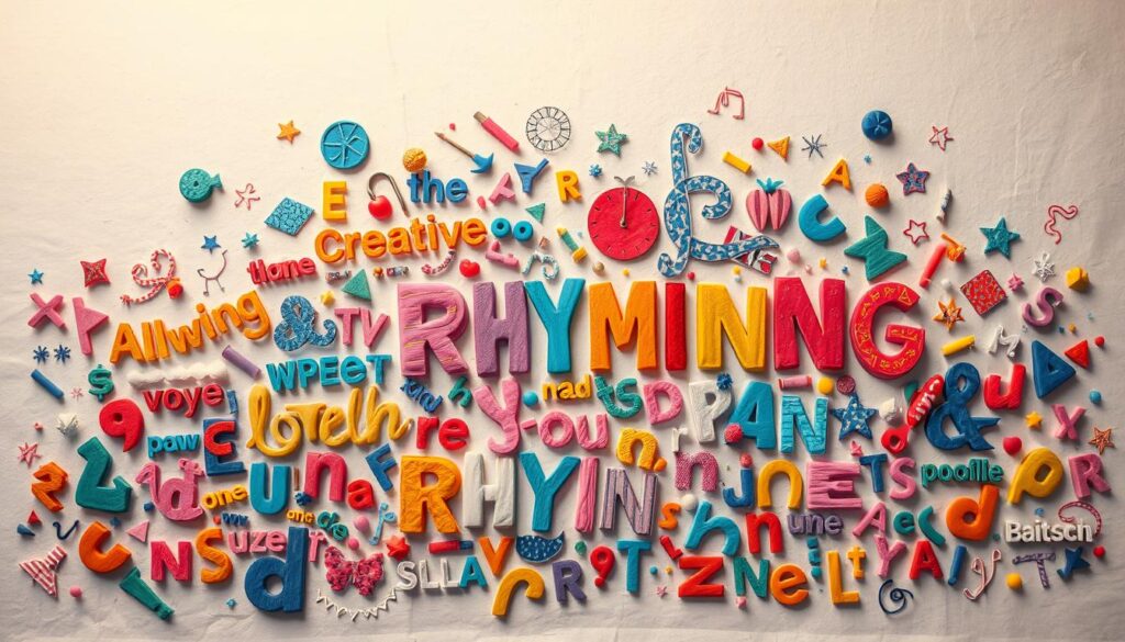 A vibrant collage of creative rhyming techniques, bursting with playful typography and whimsical illustrations. In the foreground, a kaleidoscope of words, letters, and shapes dance across the canvas, showcasing the imaginative ways to craft rhymes beyond the traditional. In the middle ground, abstract patterns and textures intertwine, hinting at the versatility of language. The background features a subtle gradient, providing a serene, contemplative backdrop for the dynamic foreground elements. Soft, warm lighting illuminates the scene, evoking a sense of artistic inspiration and linguistic exploration. The overall composition conveys the joy of discovering novel rhyming methods, inviting the viewer to engage with the language in a spirited, innovative manner.