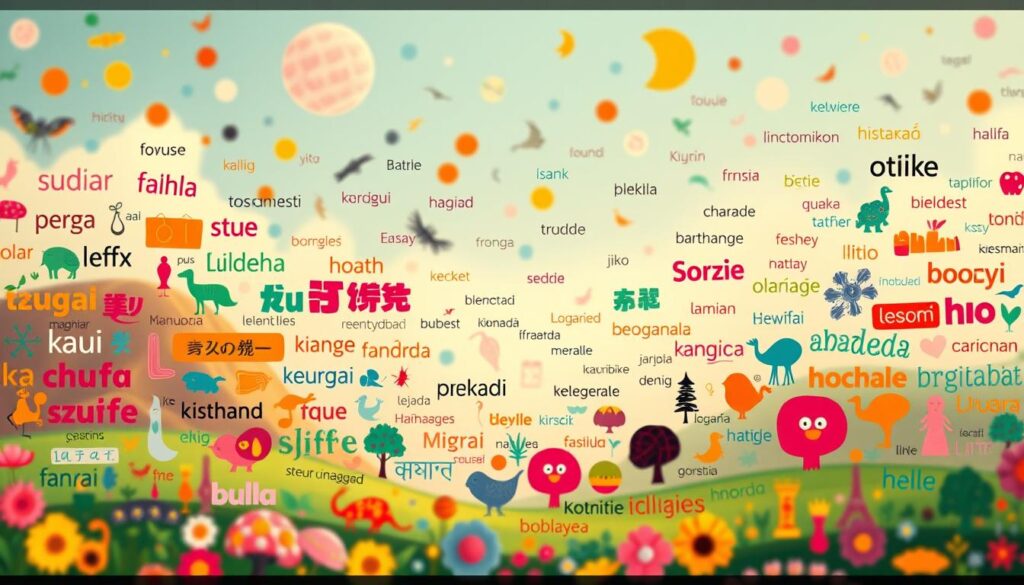 A vibrant collage of foreign-language rhymes, cascading across a whimsical landscape. In the foreground, a kaleidoscope of playful typographic elements in diverse scripts and languages, each paired with its counterpart in an unexpected rhyme. The middle ground features a dreamlike backdrop of floating shapes and patterns, hinting at the universal nature of language and the joy of discovery. Warm, diffused lighting casts a soft, inviting glow, while a subtle depth of field draws the viewer's eye inward, encouraging exploration of the multilingual poetic connections. The overall atmosphere evokes a sense of curiosity, creativity, and the delight of finding inspiration in the unexpected.
