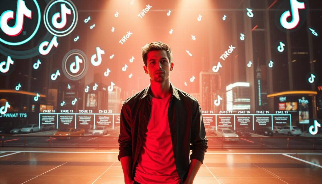 A vibrant, dynamic scene showcasing the power of TikTok in driving Jeremy Fragrance's remarkable success. In the foreground, Jeremy stands confidently, his charismatic presence commanding attention. He's surrounded by a flurry of digital activity, with swirling TikTok logos and scrolling feeds creating an immersive, fast-paced atmosphere. The middle ground features a stylized timeline, charting Jeremy's meteoric rise to fame, punctuated by key milestones and viral video snippets. In the background, a sleek, futuristic cityscape serves as a backdrop, symbolizing the global reach and influence of the TikTok platform. Cinematic lighting casts dramatic shadows, heightening the sense of energy and momentum. The overall scene conveys the synergistic relationship between Jeremy's dynamic personality and the power of TikTok in propelling his remarkable success.