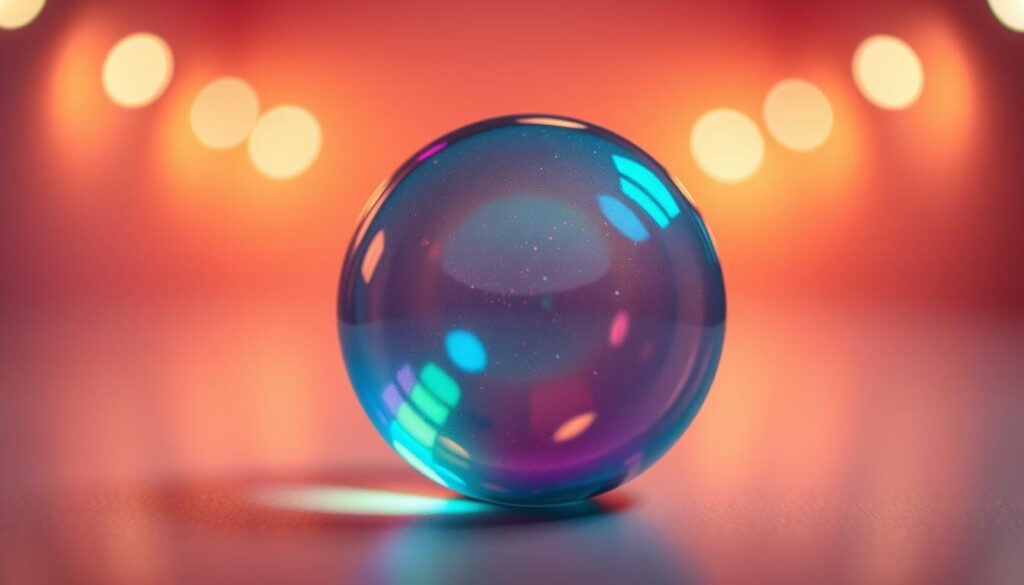 A vibrant, hand-crafted representation of a classic "Flummi" bouncing ball, captured in a warm, diffused lighting environment. The Flummi is the focal point, rendered with meticulous detail, its translucent, iridescent surface reflecting the ambient light. The background is blurred, creating a sense of depth and emphasis on the Flummi itself. The overall composition suggests a playful, nostalgic mood, hinting at the Aztec origins of this beloved toy. The lighting and angles are carefully chosen to showcase the Flummi's unique, mesmerizing properties.