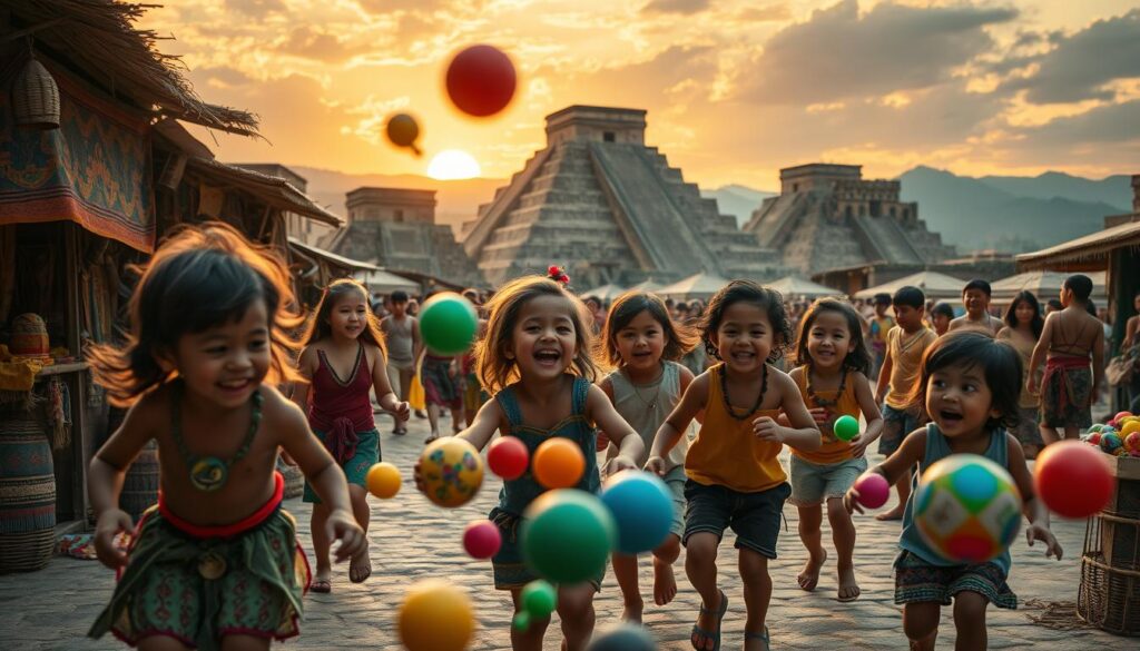 A vibrant, hand-crafted scene of "Flummi und Gesellschaft" set in an ancient Aztec marketplace. In the foreground, a group of children joyfully play with colorful, bouncing flummis, their laughter and movements captured in a dynamic, almost cinematic composition. The middle ground features bustling Aztec merchants, their intricate textiles and wares on display, creating a rich, textural backdrop. In the distant background, the grand pyramids and temples of the Aztec capital loom, bathed in warm, golden light from the setting sun, evoking a sense of historical grandeur. The overall mood is one of cultural vitality, tradition, and the universal joy of play, captured through a cinematic, hyper-detailed lens.