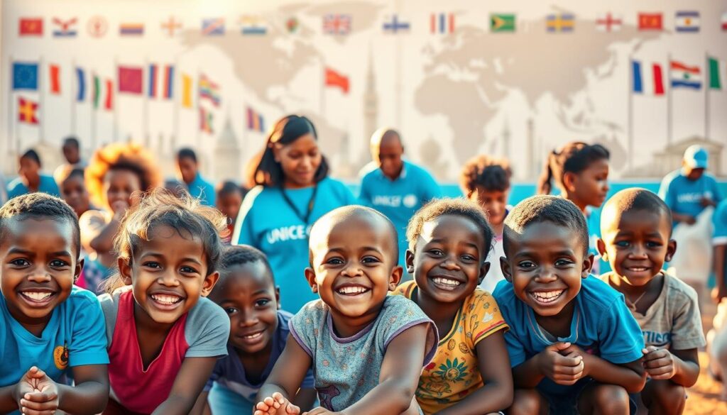 A vibrant, impactful image depicting UNICEF's social engagement efforts. In the foreground, a group of diverse children playing and learning together, their faces filled with joy and wonder. In the middle ground, UNICEF workers and volunteers engaged in hands-on activities, providing aid and support. The background showcases the organization's global reach, with a tapestry of international flags and landmarks suggesting the worldwide scale of their humanitarian work. Warm, golden lighting bathes the scene, conveying a sense of hope and optimism. The composition is balanced and dynamic, drawing the viewer's eye through the layers of the image. Overall, the image celebrates UNICEF's commitment to bettering the lives of children around the world through social engagement and partnerships.