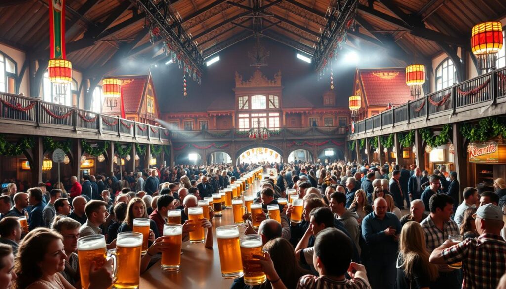 A vibrant scene of the Oktoberfest beer hall in Munich, Germany. The foreground features a long table crowded with revelers, each holding a large stein of golden Bavarian lager. The middle ground showcases the ornate, traditional architecture of the festival grounds, with its peaked roofs and colorful banners. In the background, a lively crowd fills the space, creating an atmosphere of festive revelry. The lighting is warm and inviting, with the sun filtering through the windows and casting a soft glow over the entire scene. The overall mood evokes the spirit of the Oktoberfest celebration, where the prices of beer have reached new heights, with each stein costing an eye-watering sum.