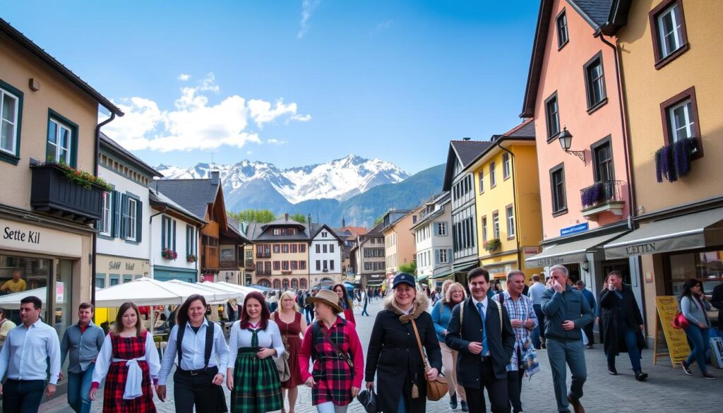 A vibrant scene of the diverse inhabitants of Liechtenstein, captured with a wide-angle lens in natural sunlight. In the foreground, a group of locals stroll through a quaint, cobblestone town square, their traditional dress and cheerful expressions conveying a sense of community. In the middle ground, a mix of modern and historic architecture frames the scene, with residents going about their daily lives. In the background, the majestic Alpine mountains rise, their snow-capped peaks creating a breathtaking backdrop. The overall mood is one of tranquility and contentment, reflecting the peaceful nature of this small, prosperous nation.