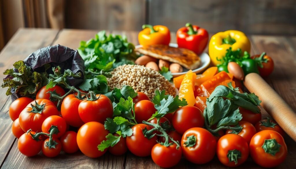 A vibrant still life depicting a balanced, healthy meal. In the foreground, an assortment of fresh, colorful produce - juicy tomatoes, crisp greens, and vibrant bell peppers. In the middle ground, a plate with a hearty serving of whole grains, lean protein, and a drizzle of olive oil. The background features a rustic wooden table, warm natural lighting, and a sense of simplicity and nourishment. The overall composition conveys the idea of a well-rounded, nutritious diet that can support weight management and overall wellbeing, without the need for calorie counting.