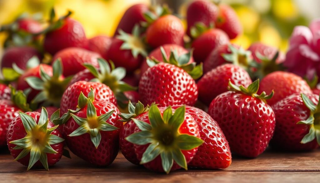 A vibrant still life depicting a variety of summer strawberry cultivars. In the foreground, plump ruby-red berries with glistening surfaces sit atop a wooden table, their leafy green stems and calyxes framing each fruit. In the middle ground, additional strawberry varieties in various shades of red and pink are arranged, showcasing their unique shapes and textures. The background features a warm, softly-lit setting, perhaps a sun-dappled garden or an orchard, hinting at the seasonal and natural origins of these summer delights. The lighting is natural and flattering, capturing the juicy, luscious quality of the berries. The overall composition is balanced and visually appealing, inviting the viewer to imagine the flavors and aromas of these summertime strawberry cultivars.