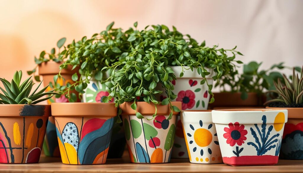 A vibrant still life showcasing an assortment of creatively decorated terracotta flower pots. In the foreground, a variety of bold, expressive brushstrokes bring the pots to life, ranging from abstract patterns to whimsical designs. The middle ground features an arrangement of lush, verdant plants cascading over the rims, adding a natural, organic contrast. Soft, warm lighting bathes the scene, casting gentle shadows and highlighting the textural details of the painted surfaces. The background is hazy and out of focus, allowing the unique flower pots to take center stage. The overall composition radiates a sense of playfulness, creativity, and inspiration for DIY home decor.
