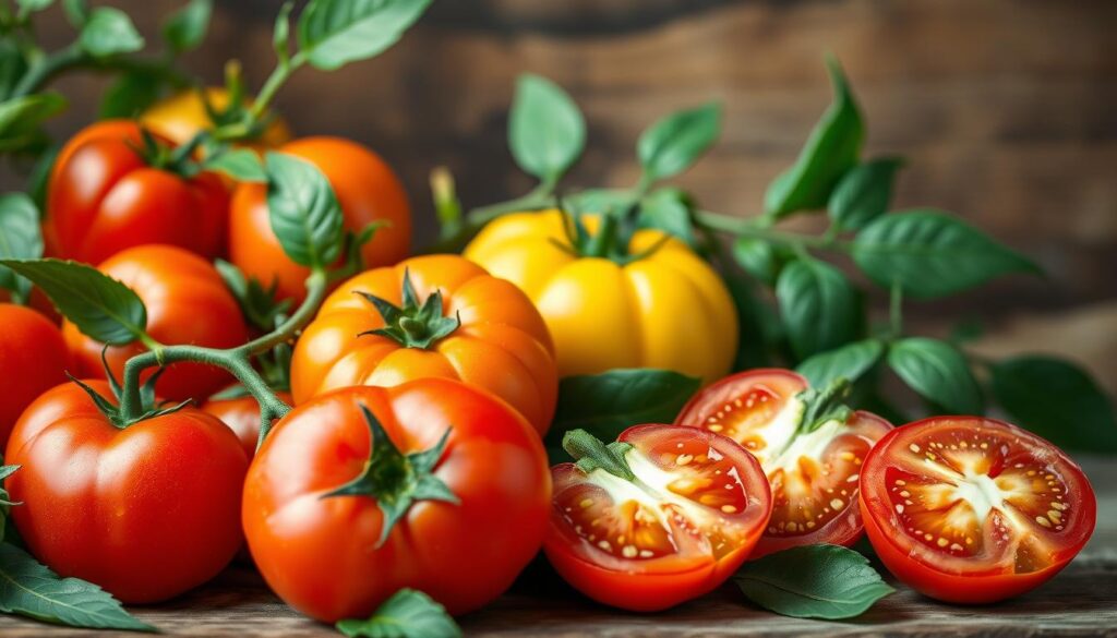 A vibrant still life showcasing the duality of the tomato, captured in natural lighting with a soft, muted palette. In the foreground, a selection of ripe, glistening tomatoes in various hues of red, orange, and yellow, nestled among lush green leaves. In the middle ground, a few sliced tomatoes reveal their juicy, seed-speckled interiors, hinting at their culinary versatility. The background features a rustic wooden surface, subtly suggesting the tomato's place in both sweet and savory culinary realms. The overall composition conveys a sense of balance and harmony, underscoring the tomato's unique position as both a fruit and a vegetable.