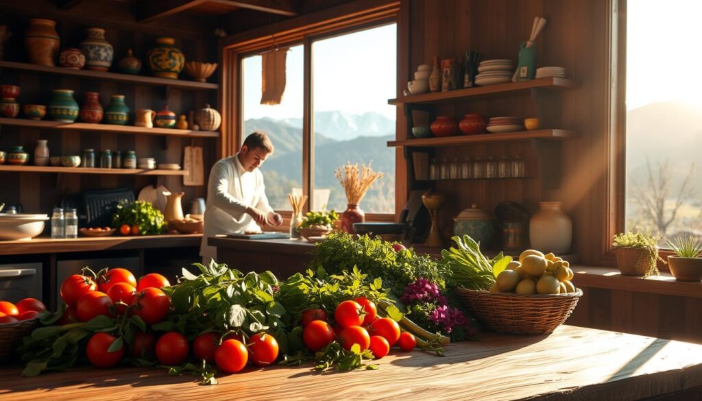 A vibrant, sun-drenched scene of a traditional Chilean kitchen. In the foreground, a wooden table is laden with an array of local produce - juicy tomatoes, crisp greens, and fragrant herbs. A skilled chef stands behind the counter, chopping fresh ingredients with precision. The room is bathed in warm, golden light that filters through large windows, casting a cozy glow over the space. Colorful ceramics and handcrafted utensils adorn the shelves, reflecting the rich cultural heritage of Chile's cuisine. In the background, a glimpse of the Andes mountains can be seen through the windows, hinting at the diverse landscapes that inspire this flavorful regional fare.