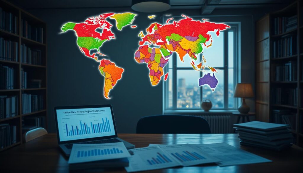 A vibrant world map floating in a dimly lit study, its continents illuminated by warm hues. In the foreground, a wooden desk with a laptop and scattered papers, displaying graphs and charts comparing tuition fees across various countries. The background features bookshelves and a window revealing a cityscape, hinting at the global nature of higher education. The scene exudes a contemplative atmosphere, inviting the viewer to explore the complexities of international study costs.