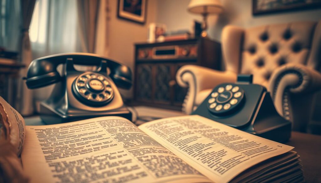 A vintage-inspired, sepia-toned image showcasing the history of the telephone directory. In the foreground, an old, well-worn telephone book with a tactile, textured cover lies open, revealing yellowed, dog-eared pages. The middle ground features a retro-style telephone, its rotary dial and heavy handset hinting at a bygone era. In the background, a hazy, nostalgic scene of a 1950s living room, complete with a wooden cabinet radio and a cozy, tufted armchair, creates a sense of timelessness. Soft, warm lighting casts a gentle glow, evoking a mood of reminiscence and the enduring significance of this once-ubiquitous household item.