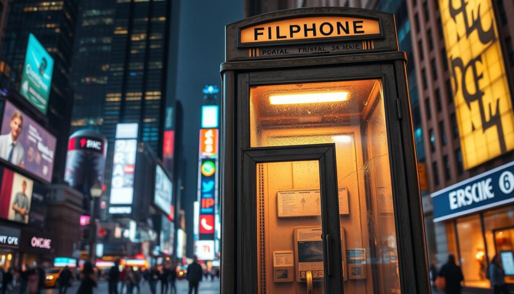 A vintage phone booth standing in a bustling city square, its weathered glass panels and metal frame a testament to the passage of time. The booth is illuminated by a warm, golden light, casting a soft glow against the backdrop of towering skyscrapers and a vibrant, neon-lit cityscape. The scene evokes a sense of nostalgia, as the once-ubiquitous public phone booth gradually fades into obscurity, replaced by the ubiquity of mobile devices. The composition captures the booth's gradual transformation, from a crucial communication hub to a quaint relic of a bygone era, symbolizing the evolution of human connectivity over the decades.