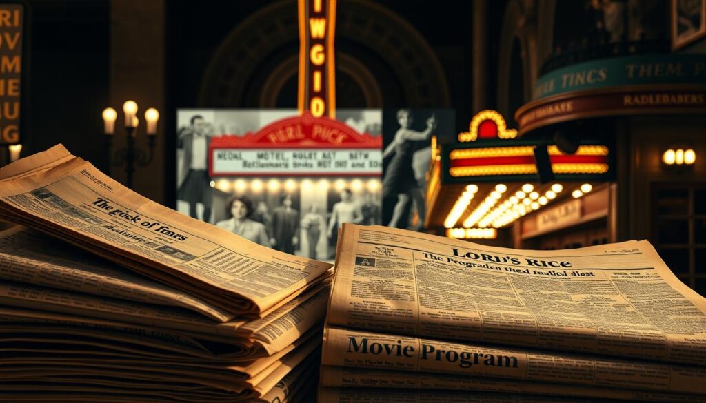 A vintage-style newspaper layout showcasing the evolution of movie program listings over time. In the foreground, a stack of old newspapers with yellowed pages, their headlines and articles detailing the changing nature of cinema schedules. In the middle ground, a collage of historical movie theater marquees, each illuminated with bulbs that flicker and dim, representing the progression of technology. In the background, a shadowy, Art Deco-inspired theater facade, its grand entrance and ornate architectural details hinting at the cultural significance of the moviegoing experience. The scene is bathed in a warm, sepia-toned lighting, evoking a nostalgic, bygone era when checking the daily paper was the primary way to discover what was playing at the local cinema.