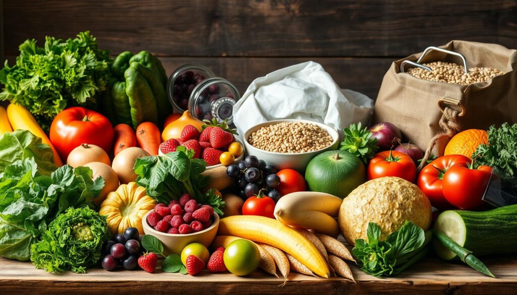 A visually appealing, realistic image of a diverse array of fresh, high-quality fruits and vegetables arranged on a rustic wooden table, bathed in warm, natural lighting. The produce should include a variety of colorful, nutrient-dense options like leafy greens, vibrant berries, crisp root vegetables, and hearty whole grains. The composition should convey a sense of balance, abundance, and health, with a focus on the importance of a balanced, plant-based diet for optimal digestive and overall well-being. The image should feel inviting and inspiring, encouraging the viewer to adopt healthier eating habits as a preventative measure against colorectal cancer.