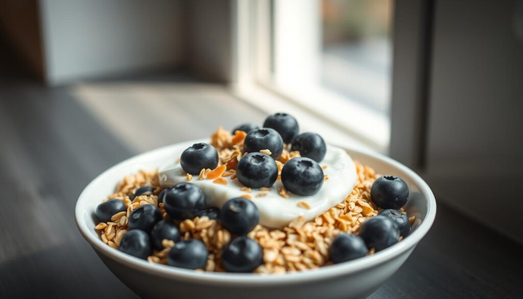 A visually appetizing and nutritious breakfast bowl filled with creamy, protein-rich Icelandic skyr, plump and juicy blueberries, and hearty, whole-grain oats. Arranged artfully in a shallow white ceramic dish, the layers of ingredients create a mouth-watering and photogenic display. Soft, diffused natural lighting from a nearby window casts a warm, inviting glow on the scene, highlighting the vibrant colors and textures. The overall composition is clean, balanced, and showcases the key elements in an enticing, minimalist style, suitable for illustrating a recipe or healthy eating feature.
