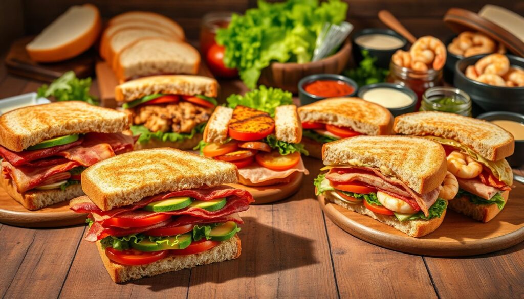 A visually captivating spread of diverse club sandwich variations, artfully arranged on a rustic wooden table. In the foreground, a classic triple-decker club sandwich with crisp bacon, juicy tomato, and creamy avocado, casting soft shadows. In the middle ground, an array of innovative takes - a mini club with grilled chicken, a vegetarian club with roasted bell peppers, and a seafood club with succulent shrimp. The background features a selection of premium ingredients, such as freshly baked bread, crunchy lettuce, and a variety of dipping sauces, all bathed in warm, natural lighting that enhances the appetizing textures and colors. The overall composition evokes a sense of culinary exploration and the rich history behind this iconic sandwich.