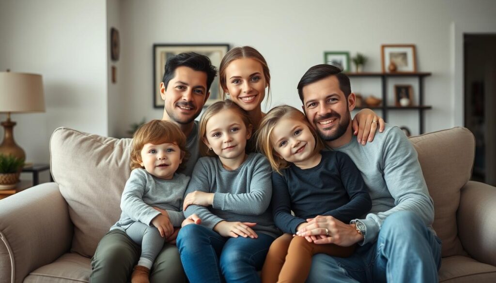A warm and intimate family portrait of Jennifer Saro, her husband, and their two young children, captured in a cozy, well-lit living room setting. The family is seated together on a plush, neutral-toned sofa, their expressions warm and affectionate as they gaze at the camera. Jennifer, in a casual yet stylish outfit, sits in the center, her arm around one of the children. The other child leans against her father, who has a gentle, protective hand on their shoulder. The room is tastefully decorated with subtle personal touches, conveying a sense of comfort and togetherness. The lighting is soft and flattering, creating a sense of intimacy and capturing the family's natural, genuine connection.