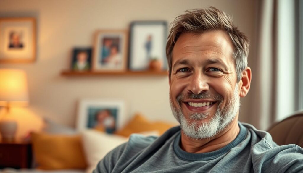 A warm and intimate portrait of reality TV star Mike Cees, set against a cozy, domestic backdrop. In the foreground, Mike is depicted in a relaxed, casual pose, his expression reflecting a sense of contentment and happiness. The middle ground features subtle details that suggest his private life, such as family photographs or personal mementos. The background is softly blurred, creating a sense of tranquility and emphasizing the focus on Mike's personal story. The lighting is gentle, casting a comforting glow and highlighting the sincerity of the scene. The overall mood is one of quiet introspection, inviting the viewer to gain a deeper understanding of Mike Cees' life beyond the public spotlight.