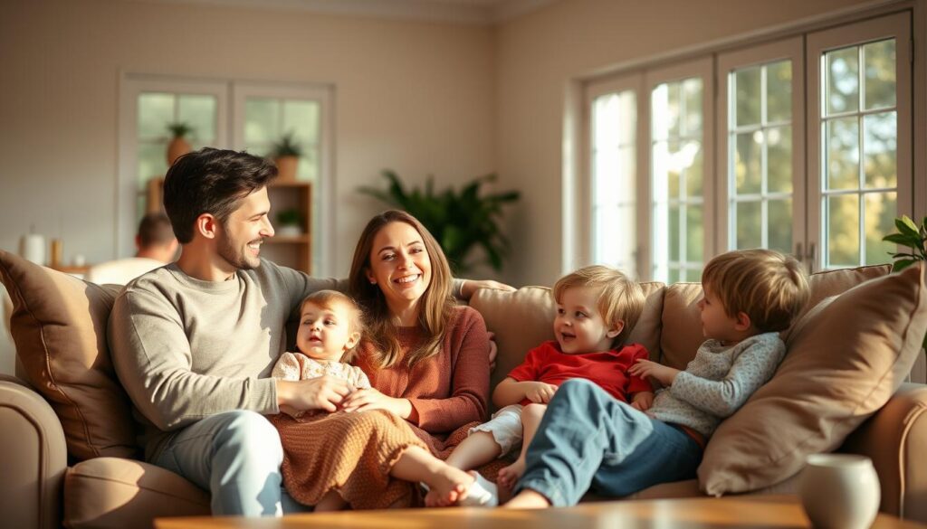 A warm, family-centered scene of Esther Sedlaczek enjoying quality time at home with her loved ones. In the comfortable living room, Esther sits on a plush sofa, surrounded by her spouse and young children. Soft, natural lighting filters through large windows, creating a cozy, intimate atmosphere. Esther's expression is one of contentment and joy as she interacts with her family, showcasing the delicate balance she maintains between her personal life and demanding career. The overall mood is one of domestic bliss, capturing the private, personal side of this public figure.