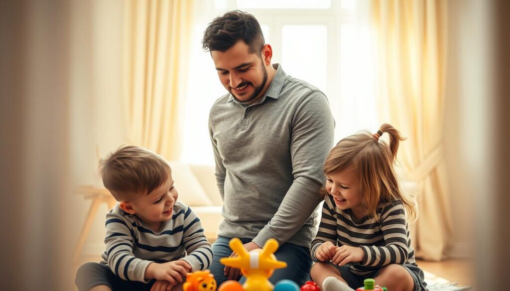 A warm, family portrait of Serkan Yavuz, his wife, and their two young children, captured in a cozy, well-lit setting. Serkan stands in the center, a gentle smile on his face, as he embraces his wife, who leans into him with a loving gaze. Their two children, a boy and a girl, sit at their feet, playing happily with toys. The scene is framed by a soft, blurred background, creating a sense of intimacy and focus on the family. The lighting is natural and flattering, casting a warm, golden glow on the subjects. The overall mood is one of familial love, contentment, and a sense of togetherness.