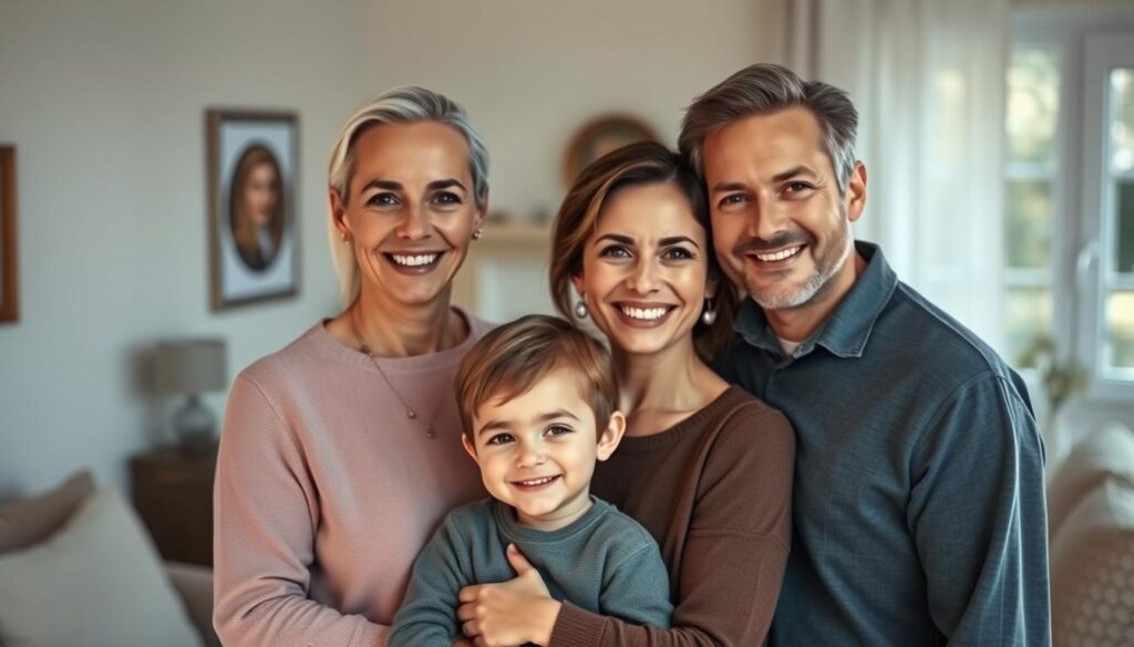 A warm, intimate family portrait of Anne Wünsche with her husband and children, captured in natural light with a shallow depth of field. The family stands together in a cozy, inviting living room setting, their expressions conveying a sense of love and contentment. Anne's family members are rendered with realistic, lifelike detail, their clothing and hairstyles reflecting a modern, fashionable aesthetic. The background is softly blurred, allowing the viewer to focus on the central figures. An air of domestic tranquility and happiness permeates the scene, showcasing the private, joyful aspects of Anne Wünsche's personal life.