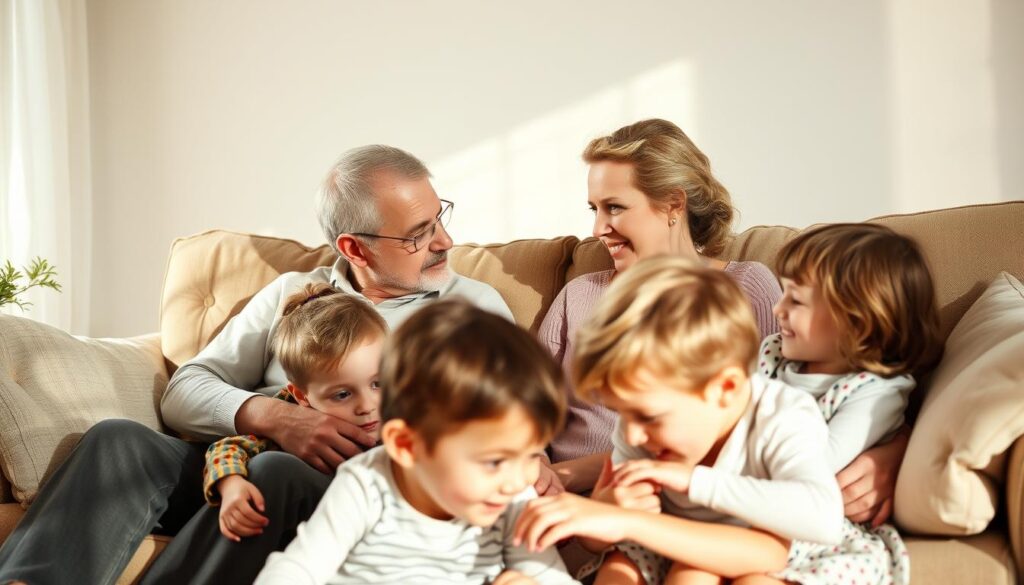 A warm, intimate family portrait of Eric Stehfest, his wife Edith, and their children, captured in natural afternoon light with a soft, hazy focus. The family is seated together on a comfortable sofa, exuding a sense of closeness and affection. Eric and Edith gaze lovingly at each other, while their children playfully interact in the foreground. The overall atmosphere is one of domestic bliss, reflecting the private, personal aspects of the Stehfest family's life.
