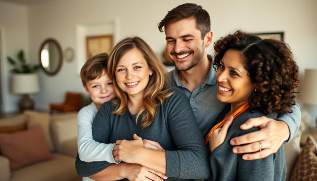 A warm, intimate family portrait of Lisa Marie Straube and her loved ones, captured in soft, natural lighting. In the foreground, Lisa stands tenderly, embracing her two young children, their faces alight with joy and affection. The middle ground features her husband, a loving and supportive presence, his arm wrapped around Lisa's waist. In the background, a cozy, well-appointed living room sets the scene, hinting at the comfort and security of their family home. The overall mood is one of domestic bliss, conveying the deep bonds and unbreakable ties that unite this close-knit clan, despite the challenges they may have faced.