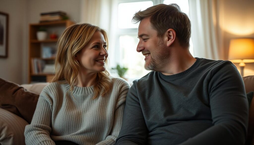 A warm, intimate portrait of Malena Ernman and Svante Thunberg, seated together in a cozy, well-lit living room. Malena, an acclaimed opera singer, and Svante, an actor and author, gaze lovingly at each other, their faces lit by soft, natural lighting that highlights their features. The background is softly blurred, allowing the viewer to focus on the couple's connection and the sense of family they exude. Their expressions convey a sense of quiet pride and contentment, hinting at the roles they play as the supportive parents of the famous climate activist, Greta Thunberg. The overall mood is one of tranquility and domestic harmony, reflecting the section's title, "The Role of the Parents."