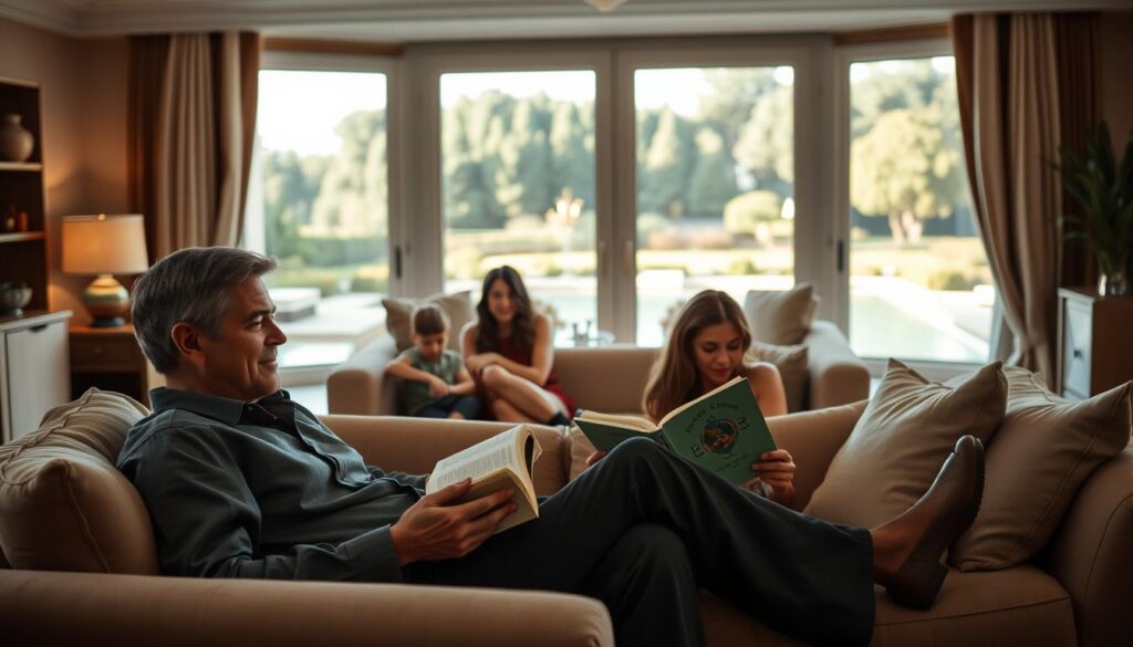 A warm, intimate scene of George Clooney and his family relaxing at their lavish villa. In the foreground, Clooney is seated on a plush sofa, engrossed in a book as his wife Amal and their twins playfully interact nearby. The middle ground features a cozy, well-appointed living room with large windows offering picturesque garden views. The background is softly lit, creating a serene, comfortable atmosphere. The family's body language and expressions convey a sense of contentment and privacy, away from the spotlight. Soft, natural lighting and a shallow depth of field emphasize the tranquil, familial mood.