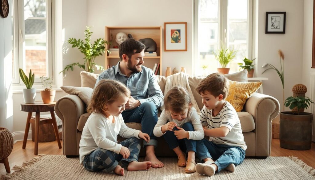 A warm, natural family portrait of Elias Becker, his wife, and their two young children, captured in a cozy, sun-dappled living room. Elias and his spouse sit on a plush sofa, gazing lovingly at their kids, who are playing on the floor nearby. Soft, diffused lighting filters through large windows, creating a intimate, relaxed atmosphere. The family's body language and expressions convey a sense of genuine connection and contentment. The room is tastefully decorated with potted plants, artwork, and personal mementos, reflecting the family's welcoming, down-to-earth sensibility. An aura of domestic bliss permeates the scene, offering a glimpse into Elias Becker's private life and loving family.